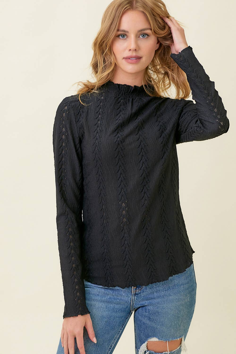 Caroline Textured Long Sleeve Blouse: Black