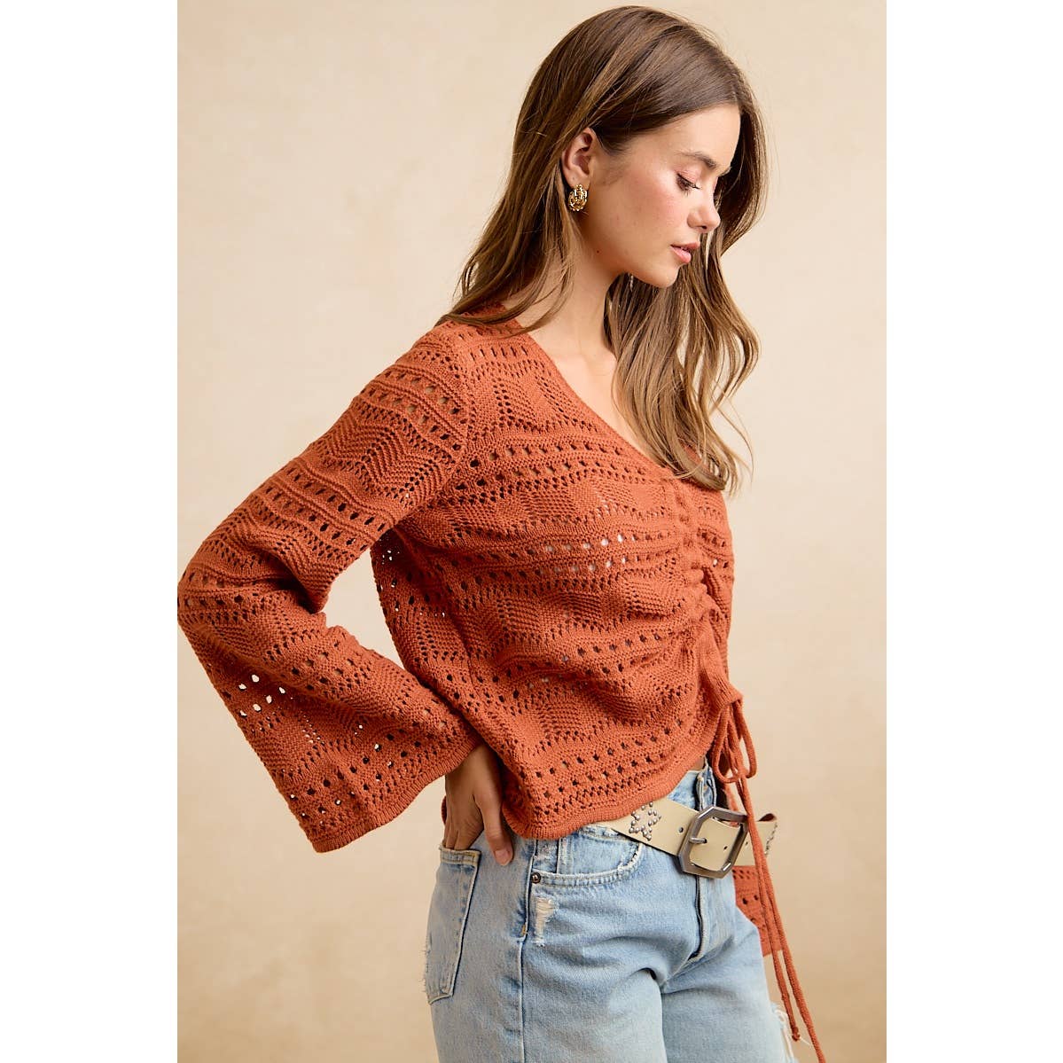 The Harvest Glow Ruched Knit Sweater: Terracotta