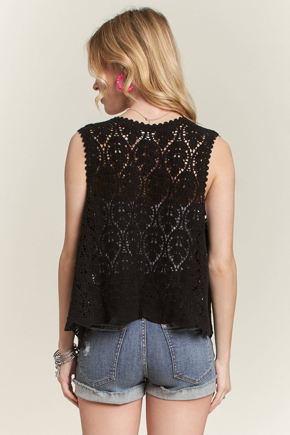 CROCHET VEST SCALLOP HEM - CET3544: Beige / S/M-M/L(3-3)