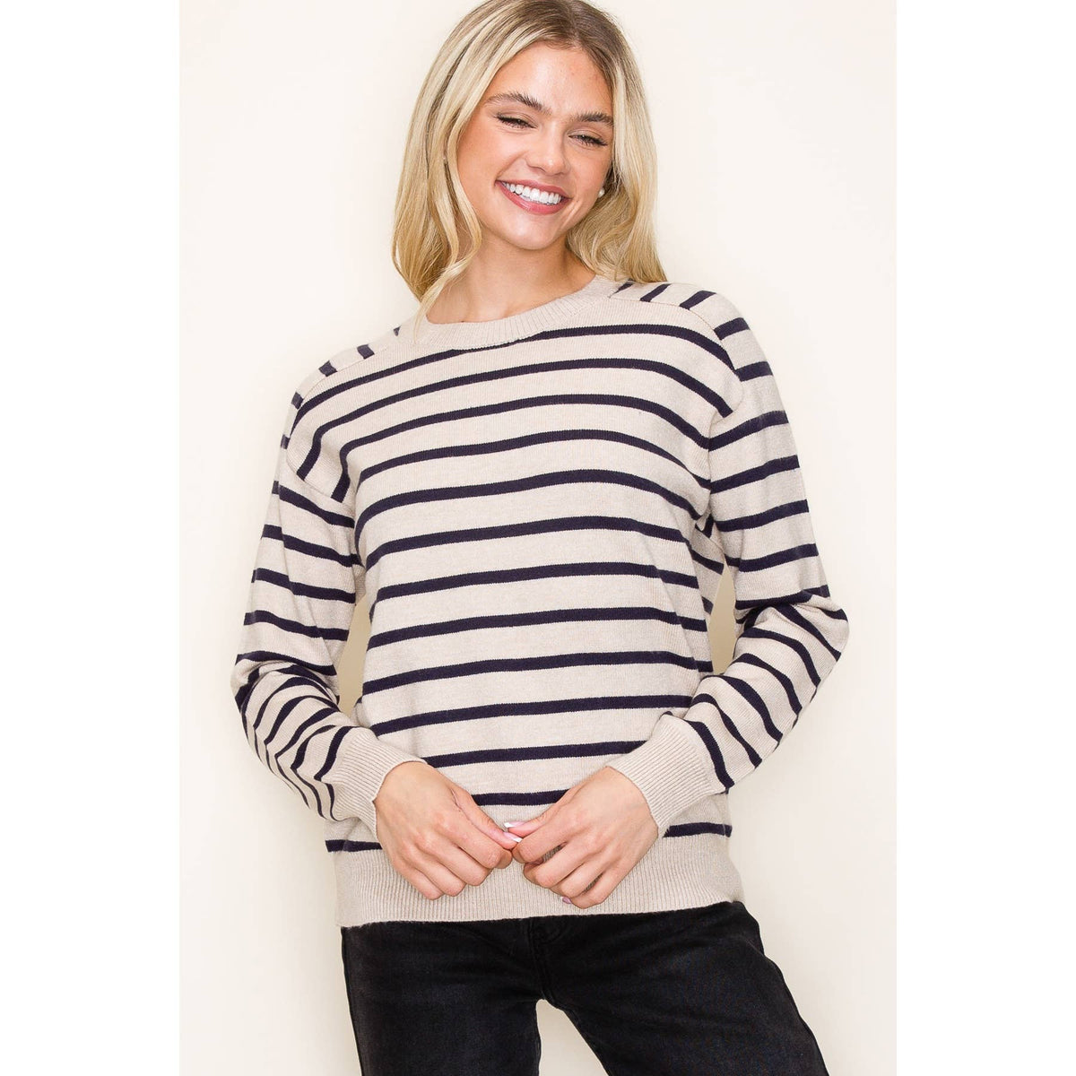 Ella Striped Crew Pullover: Oatmeal