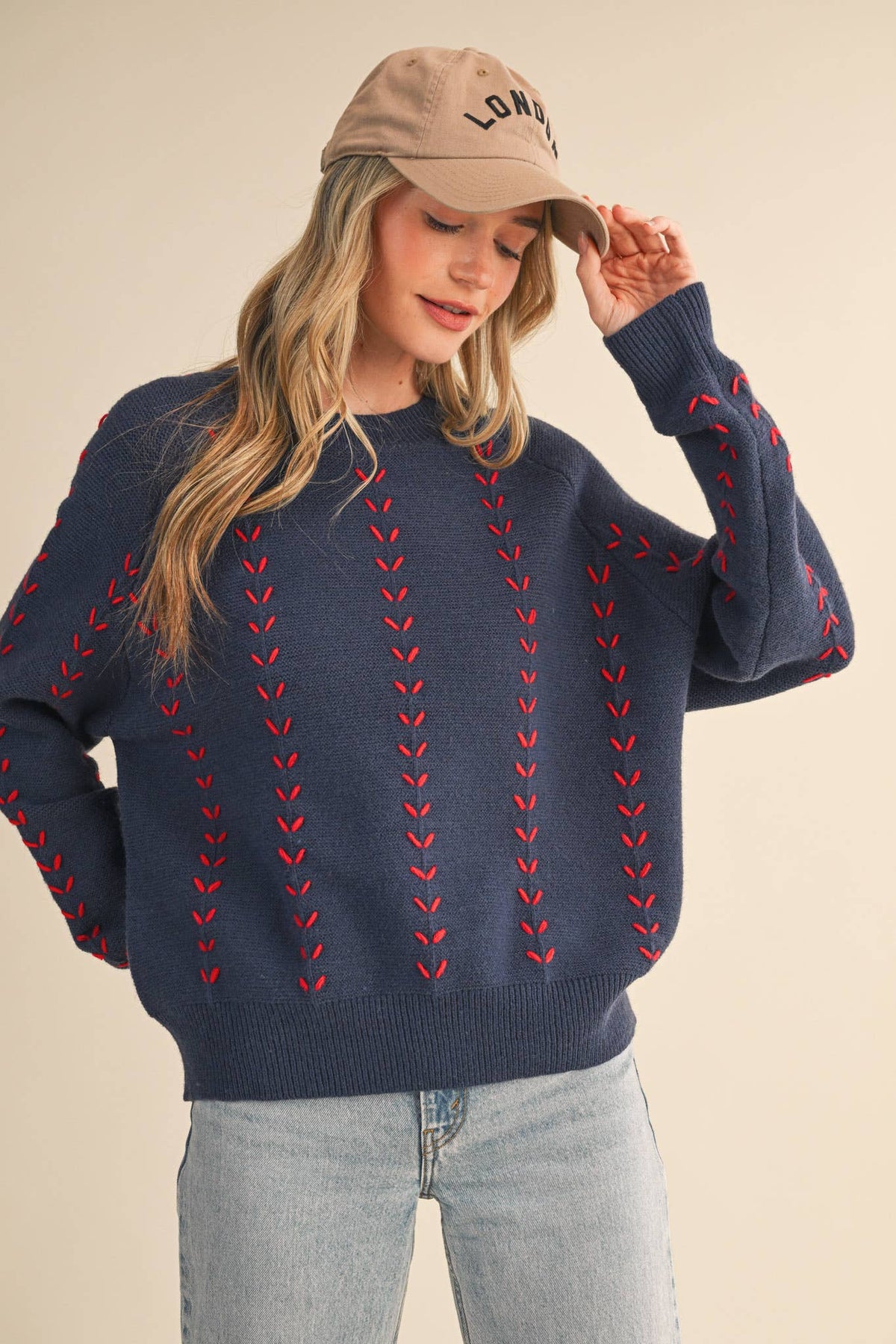 The Elowen Embroidered Sweater – Contrast Stitch Pullover | Northern Belle Boutique