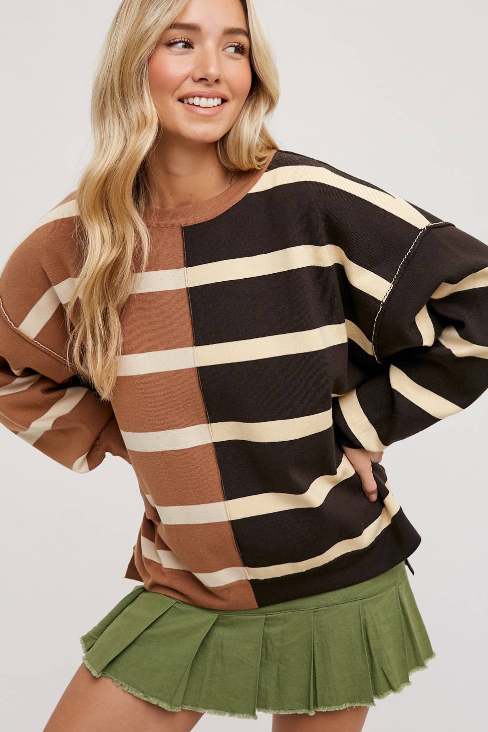 Nikki Striped Color Block Sweater: Mocha Combo