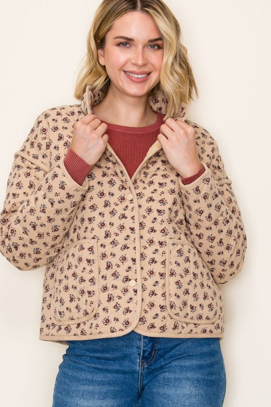 Eloise Ditsy Floral Quilted Jacket – Button Front Cotton Layer with Pockets