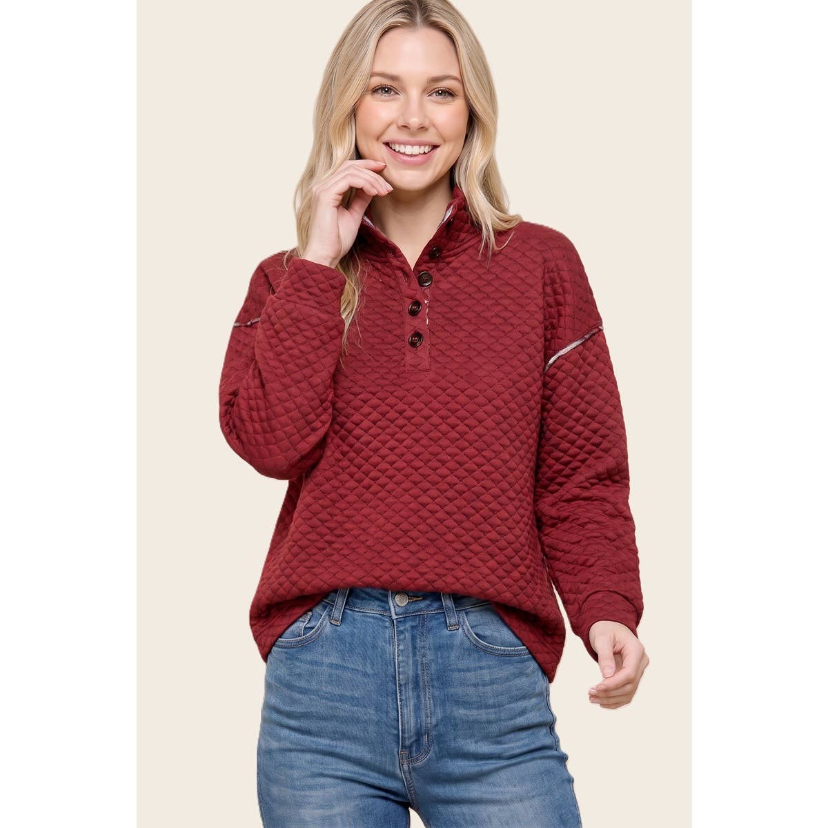 Plaid About It Quilted Pullover: Burgundy