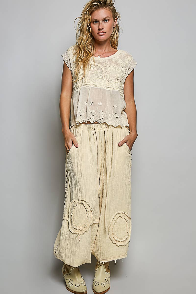 Willow Mae Boho Crochet Sleeveless Top with Embroidered Eyelet Hem: Natural