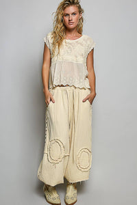 Willow Mae Boho Crochet Sleeveless Top with Embroidered Eyelet Hem: Natural