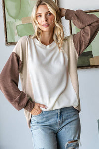 Annie Color Block Ribbed Longy Sleeve Top: Chestnut