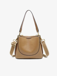 Jen & Co. Corinna Bucket Bag with 2 Toned Guitar Strap: Tan – 3 Compartment Vegan Leather Purse