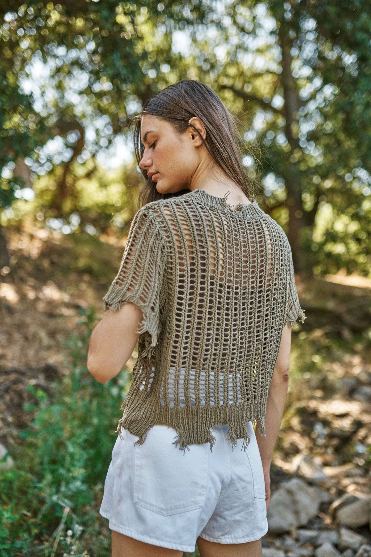 Sunny Daze Distressed Crochet Crop Top: Olive