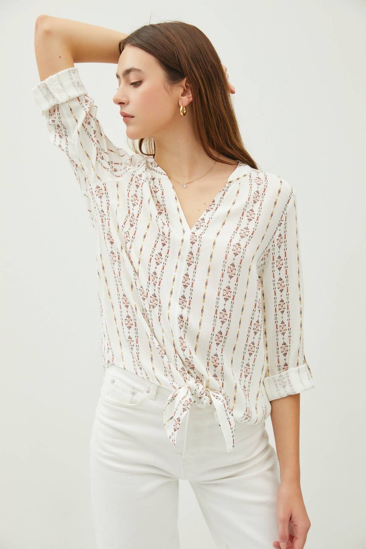 Ava Boho Print Mandarin Collar Blouse: Buttercup