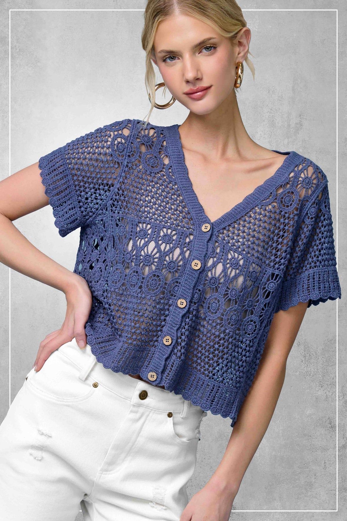 The Freya Crochet Cardigan Top: Indigo– Boho Open Knit Button Front Lace Top