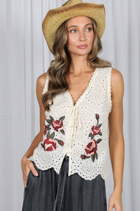 Eyelet Boho Floral Embroidery Patchwork Cotton Vest VT82314: Cream / L