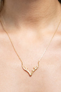 Textured Metal Delicate Antler Necklace- Gold