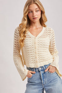 Ivory Crochet Button Front Cardigan: Ecru
