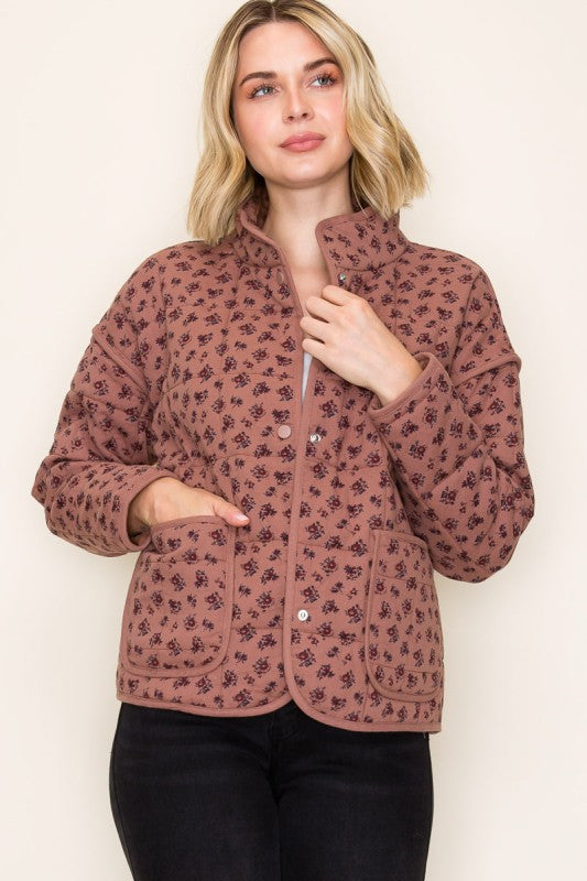 Eloise Ditsy Floral Quilted Jacket – Button Front Cotton Layer with Pockets