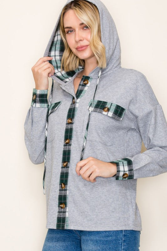 Aspen Woods Plaid Contrast Hoodie Shacket – Cozy Button Down Brushed Knit Layer for Fall & Winter