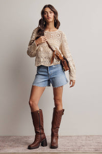 The Meadow Crochet Lace Long Sleeve Top: Ecru