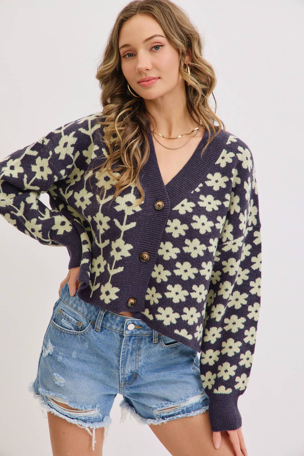 The Soleil Bold Floral Cardigan: Navy – Cropped V-Neck Boxy Sweater