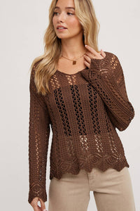 The Elowen Scalloped Hem Open Knit Pullover – Chocolate Brown Long Sleeve Sweater Top
