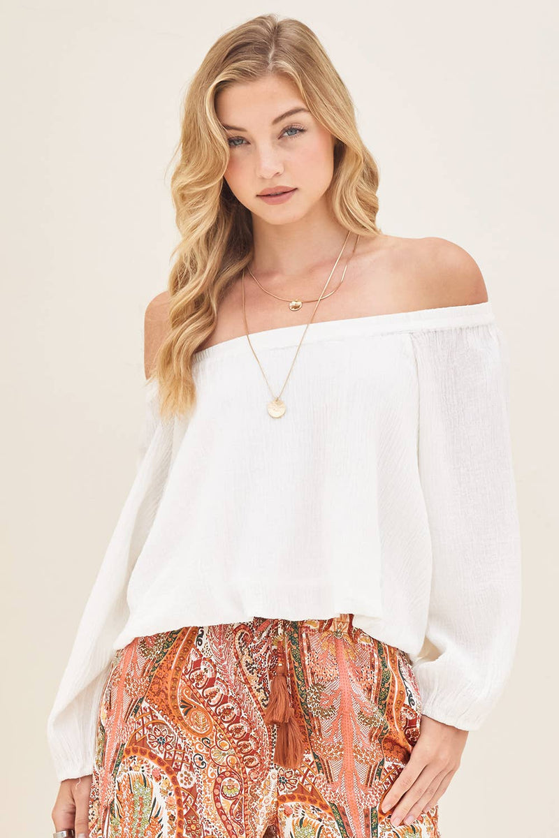 Mikey Linen Off the Shoulder Balloo Hem Top: Ivory