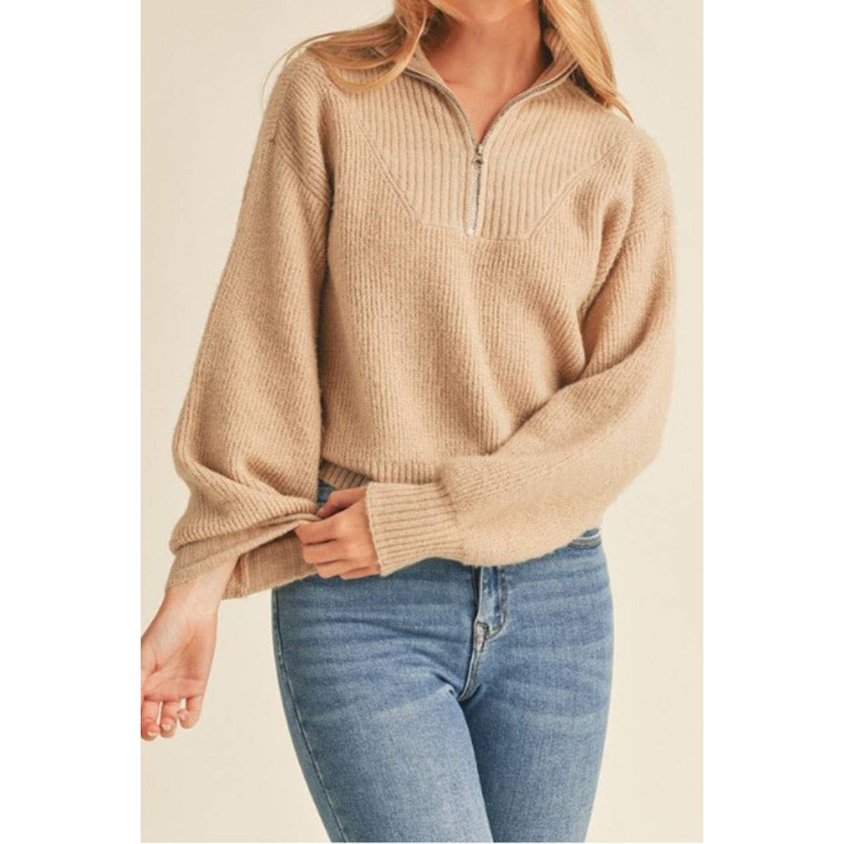 Leighton Mock Neck Half Zip Up Pullover Sweater: Khaki