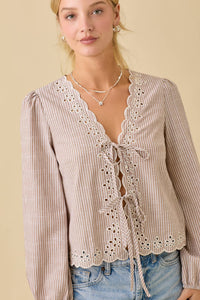 The Laurel Embroidered Tie Top: Taupe