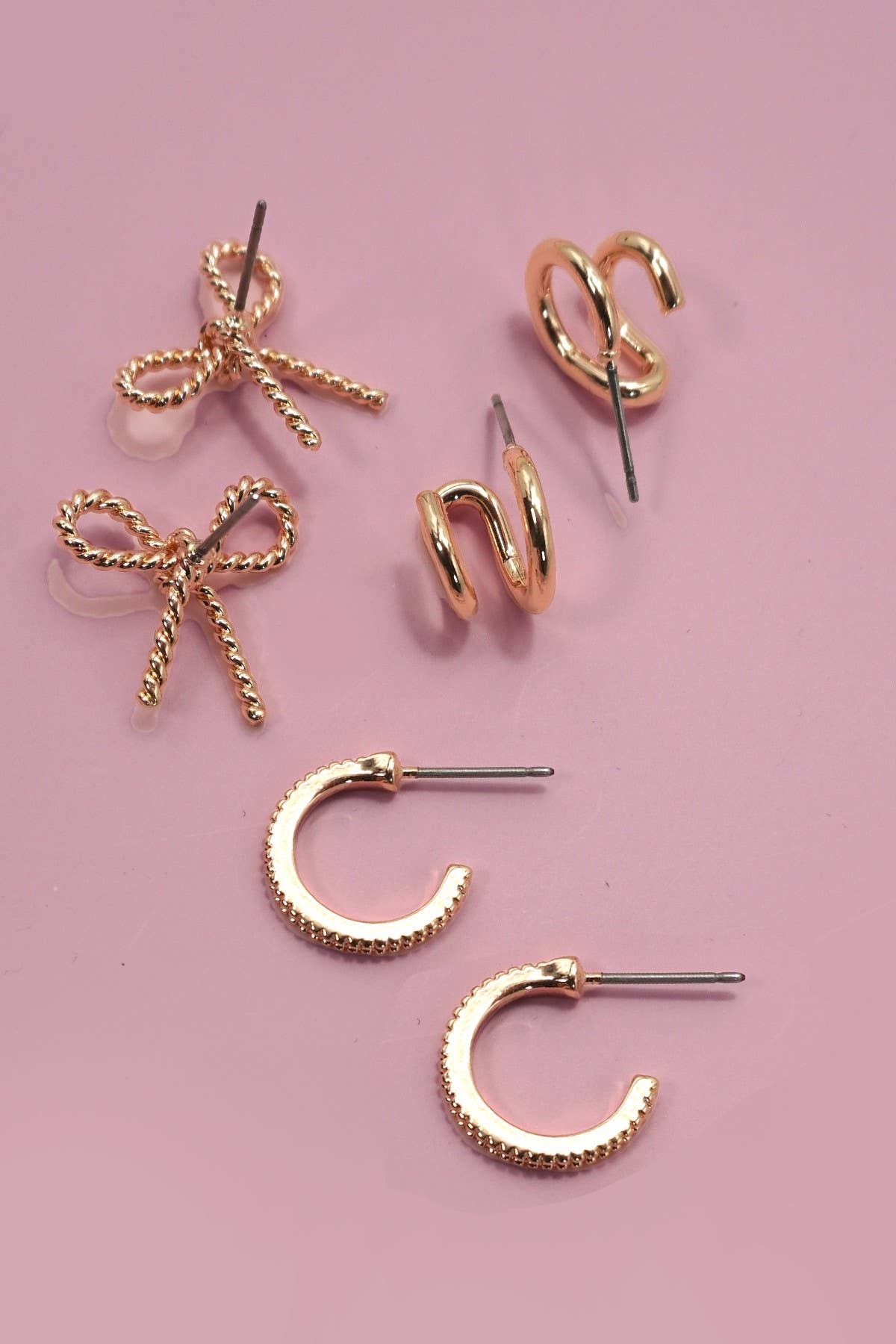 Gold Huggie & Bow Stud Earring Trio – Textured Hoop Set with Titanium Posts