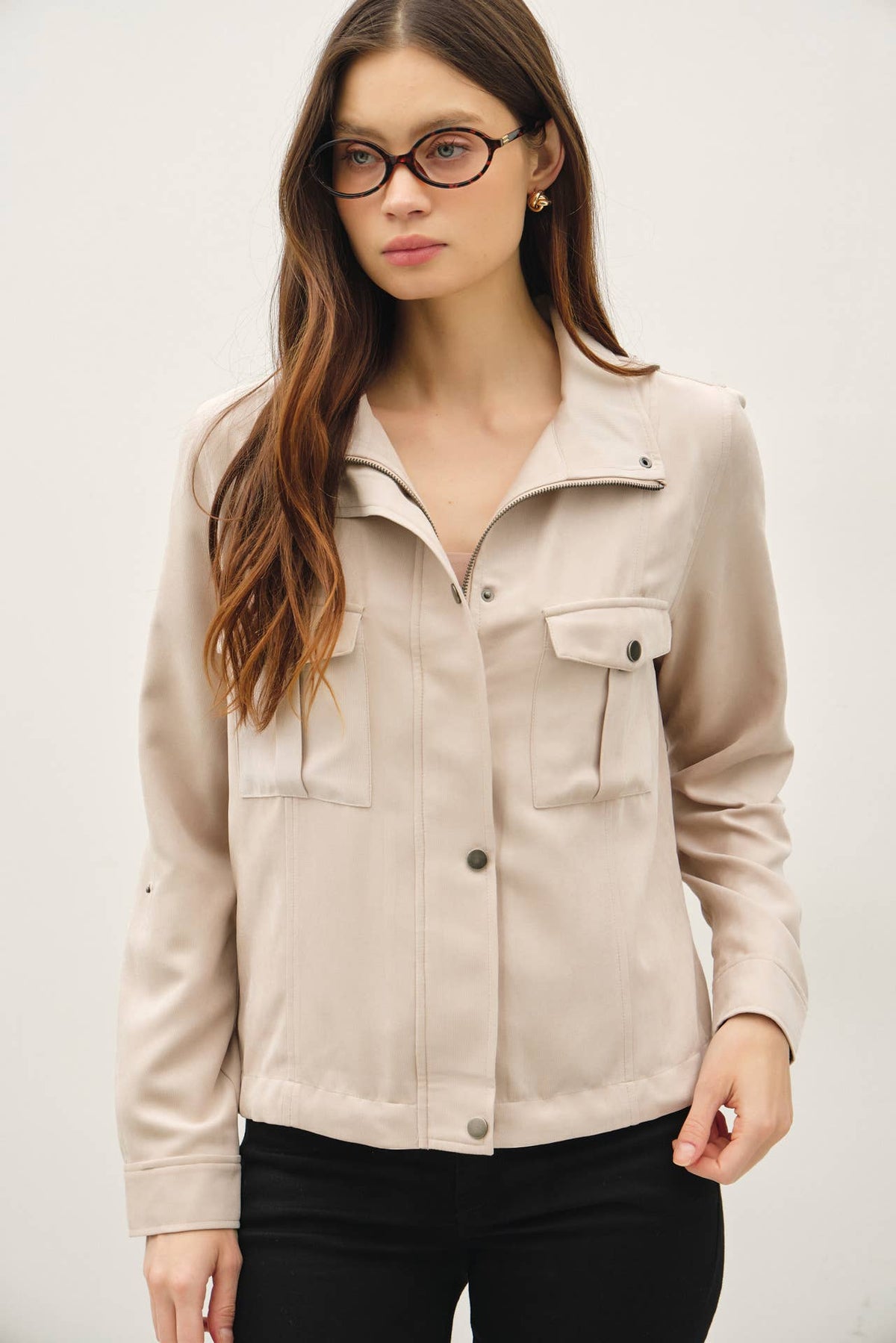 The Monroe Safari Utility Jacket: Natural – Cropped Soft Drawstring Casual Outerwear
