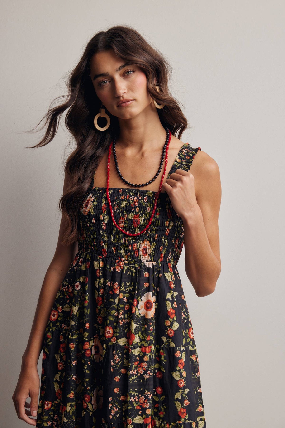 The Meadow Breeze Smocked Midi Dress: Black – Cotton Tiered Boho Dress with Pockets