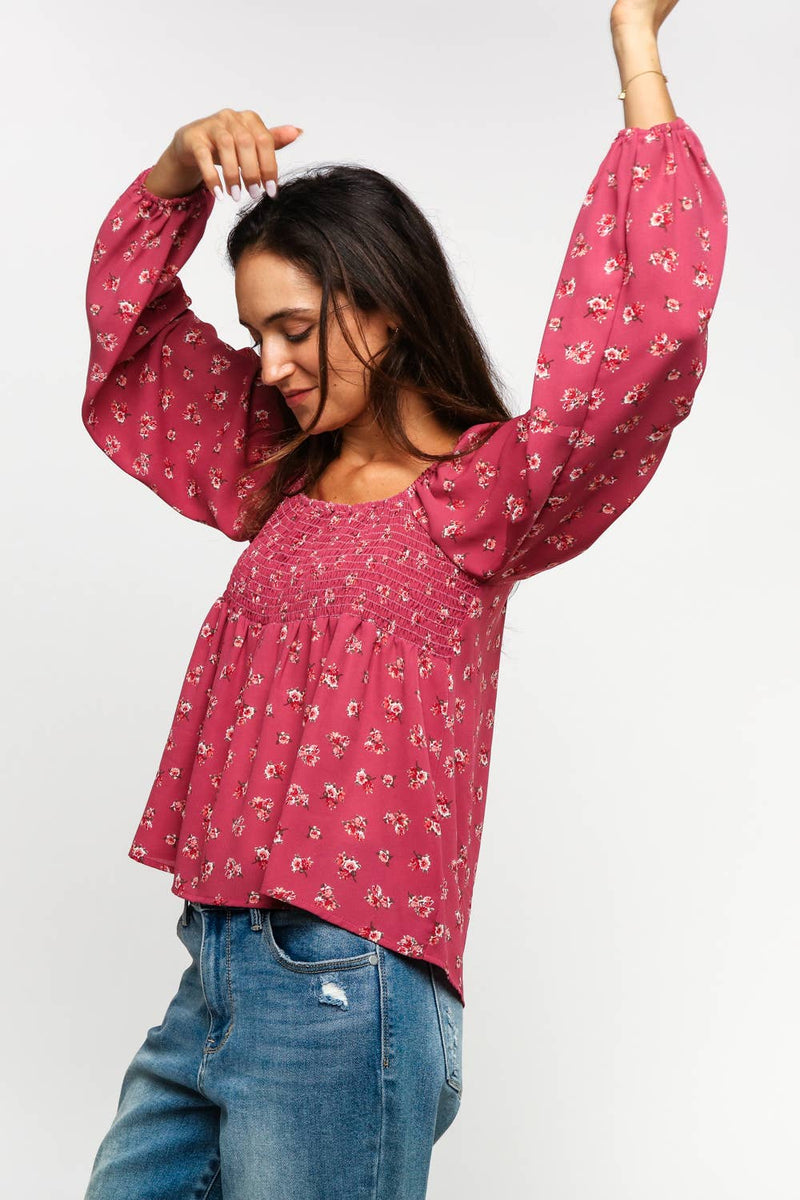 Maisie Smocked Babydoll Floral Blouse – Long Sleeve Raglan Bubble Top