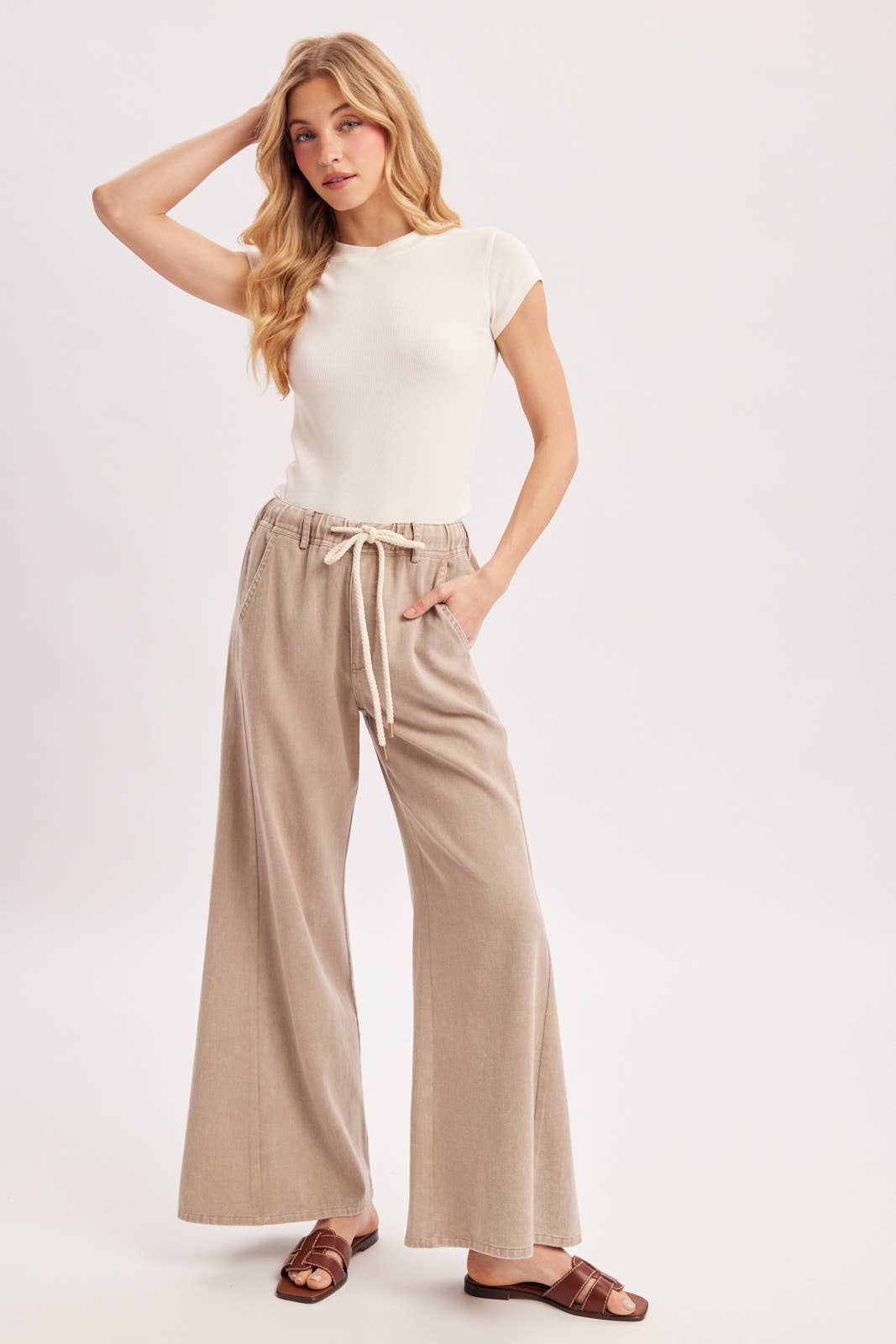 Easy Going Washed Wide Leg Pants: Sand