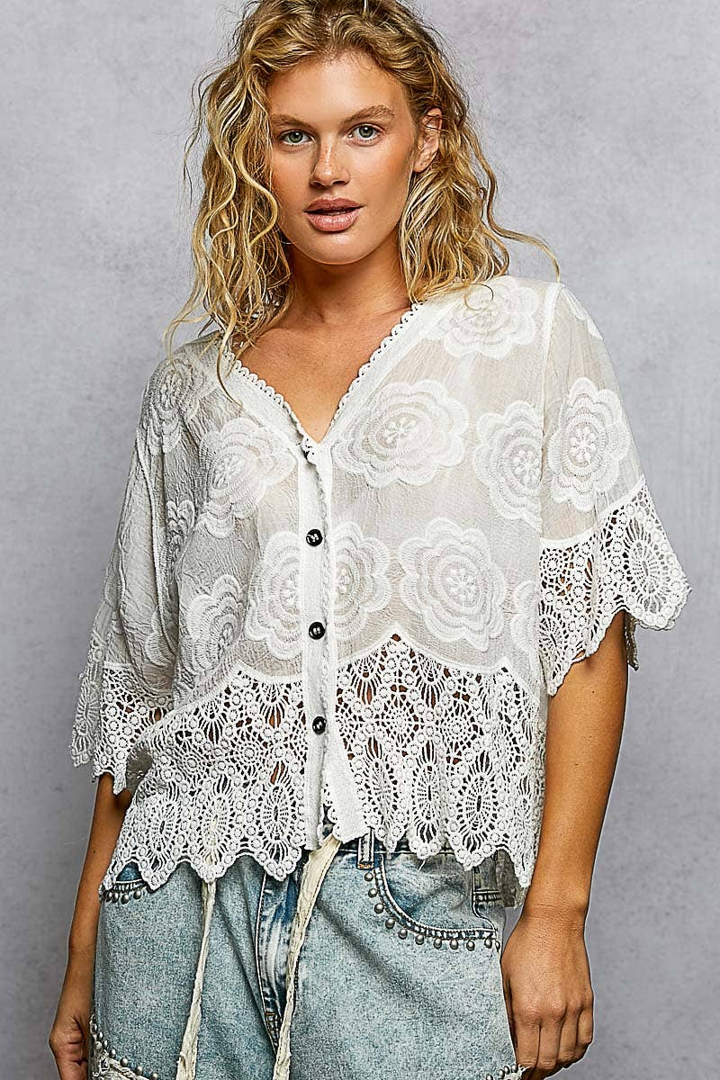 Crochet Trim Neckline Short Sleeve Jacket Top: TAUPE / Os