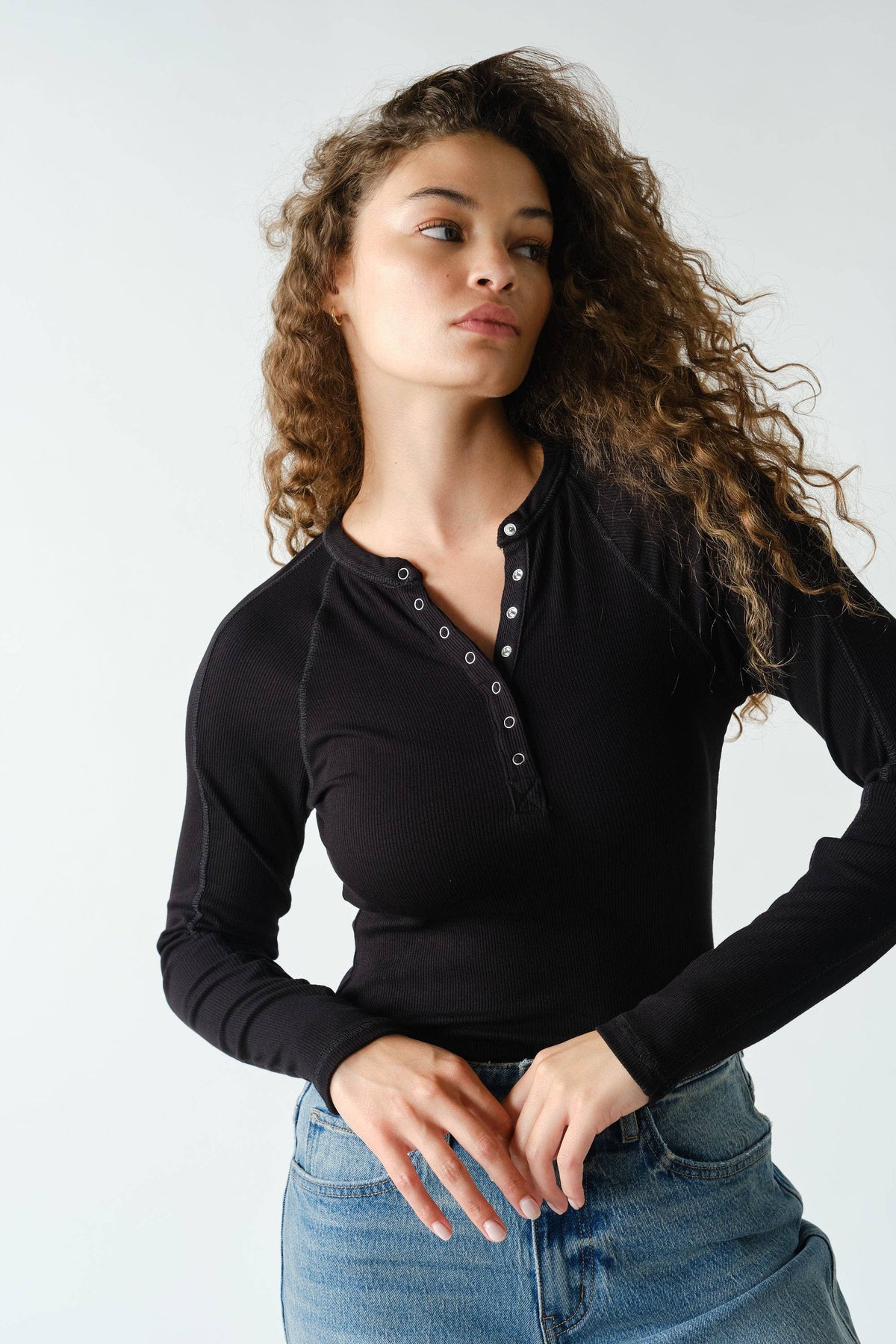 Essential Long-Sleeved Micro-Ribbed Henley Top: