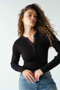 Essential Long-Sleeved Micro-Ribbed Henley Top: