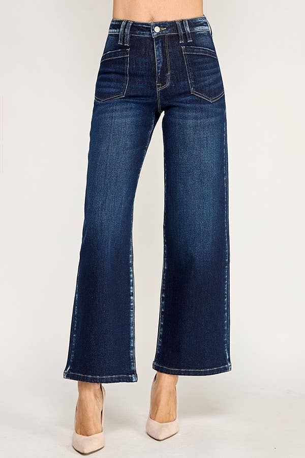 Petra "Sloane"  Patch Pocket Wide Leg High Rise Jeans: Dark Wash