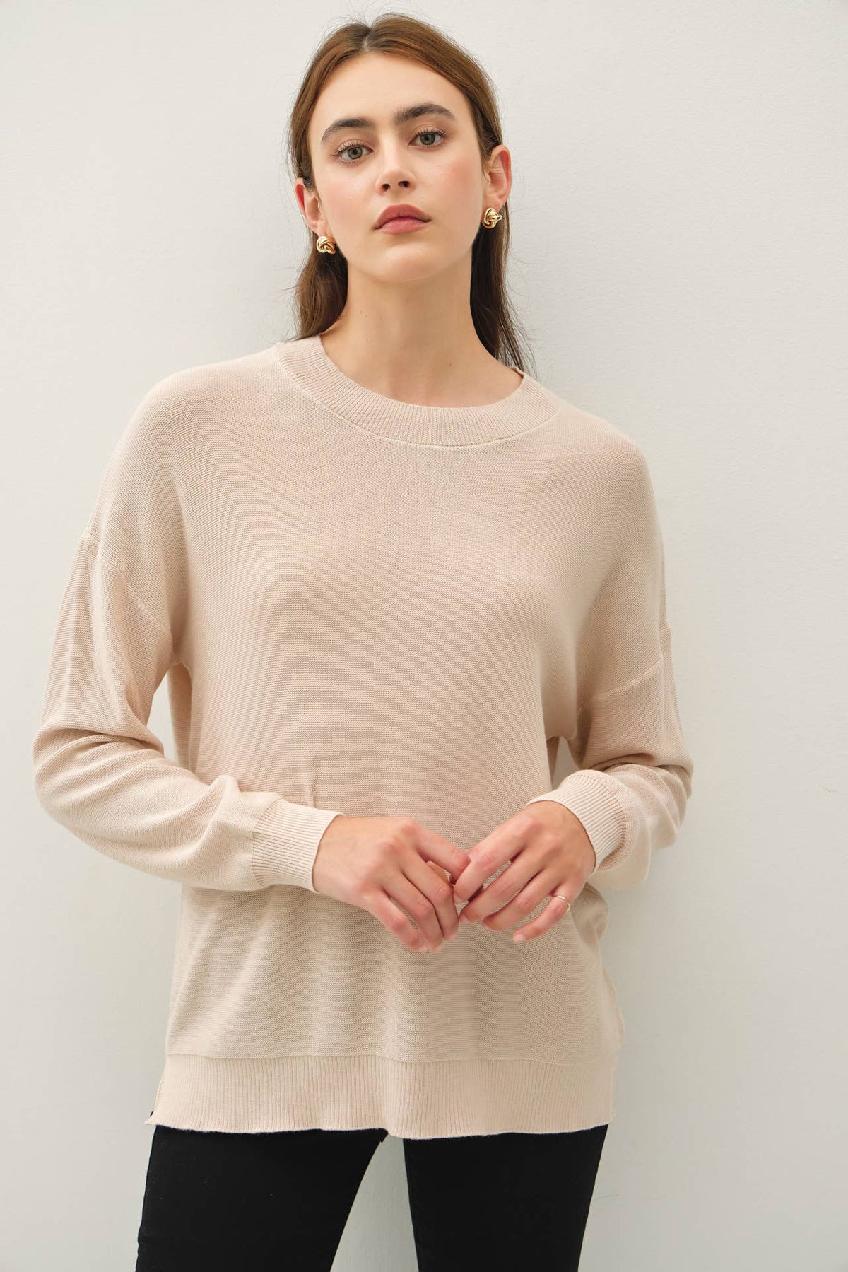 The Callie Lightweight Cotton Sweater – Oatmeal & Dusty Blue