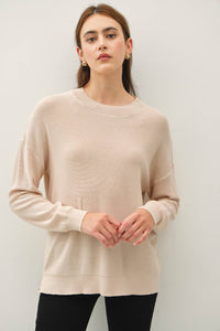 The Callie Lightweight Cotton Sweater – Oatmeal & Dusty Blue