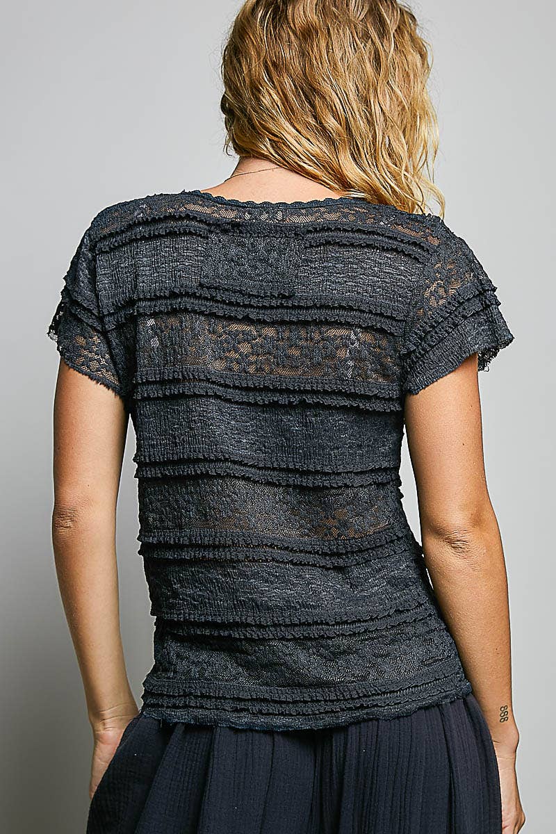 The Emery Lace V Neck Top:Navy  – Short Sleeve Raw Edge Lightweight Feminine Blouse
