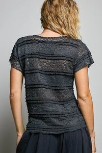 The Emery Lace V Neck Top:Navy  – Short Sleeve Raw Edge Lightweight Feminine Blouse