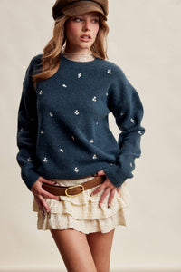 Tiny Details Embroidered Sweater: Emerald