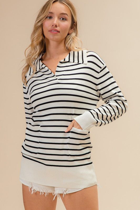 Going Coastal Collared Striped Long Sleeve Top: Ivory/ Black