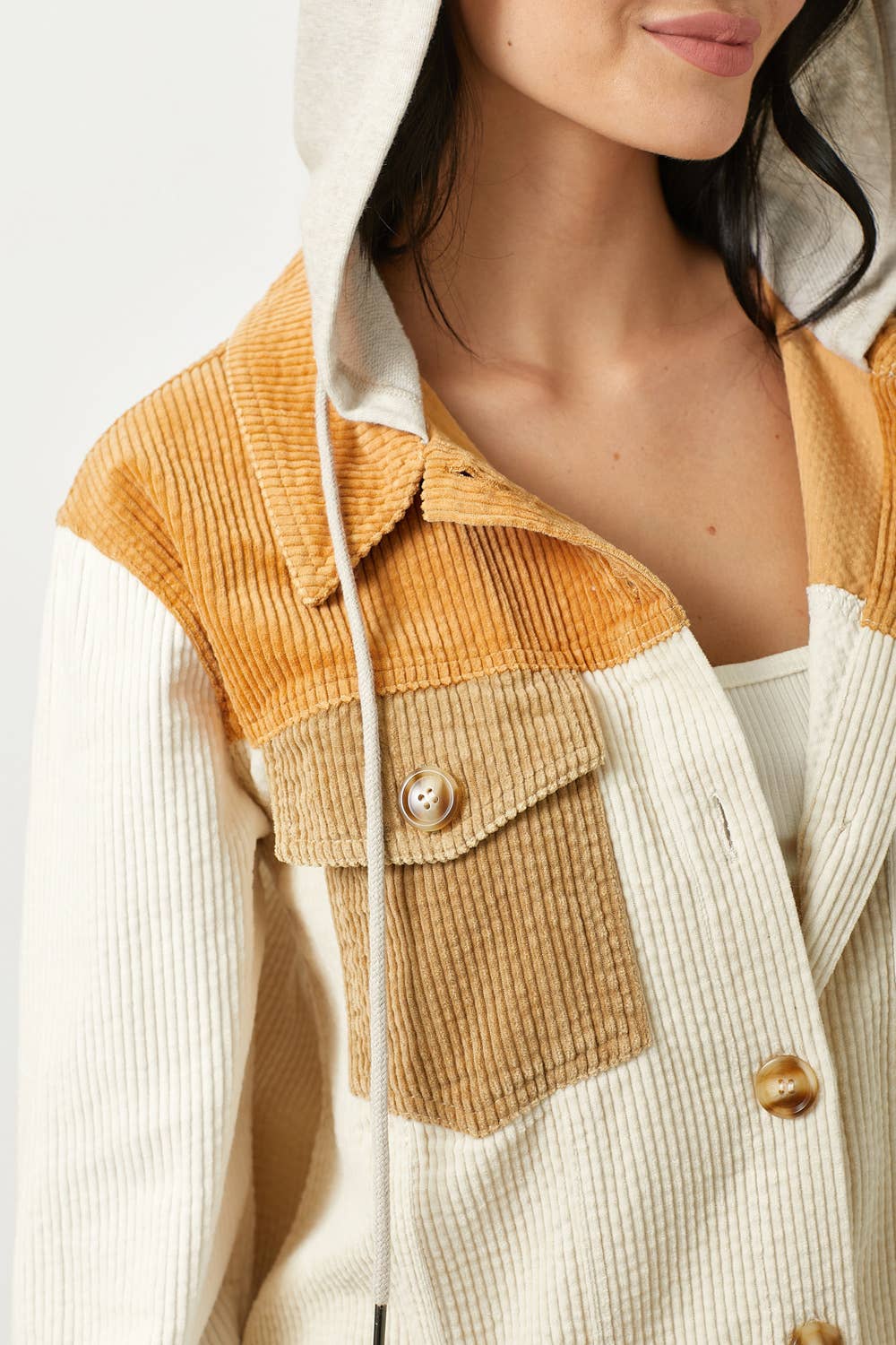 Sadie Color Block Corduroy Hoodie Shacket – Washed Button Down Hi-Low Hem
