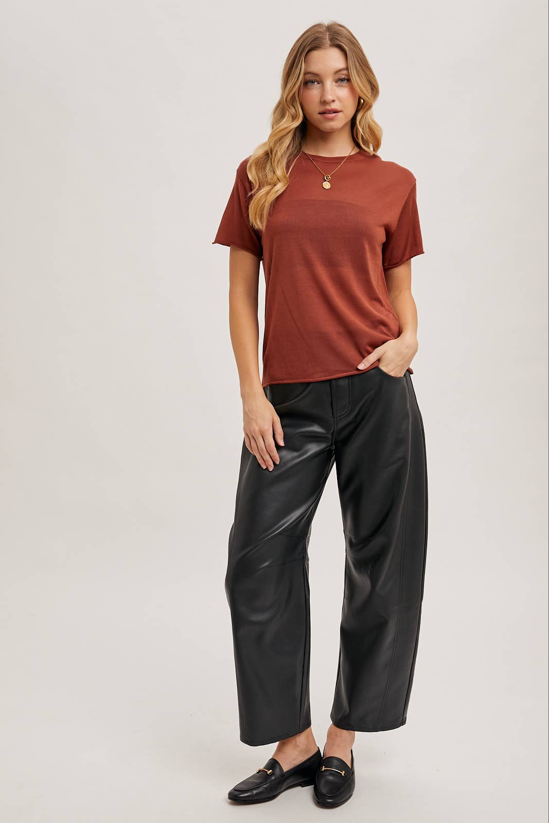Willow Sheer Knit Crew Neck Tee – Cream & Rust Lightweight Layering Top