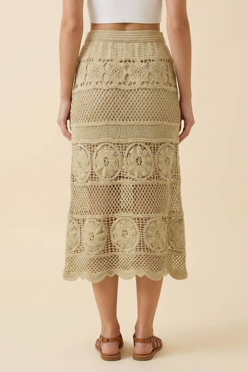Isla Crochet Floral Midi Skirt: Olive