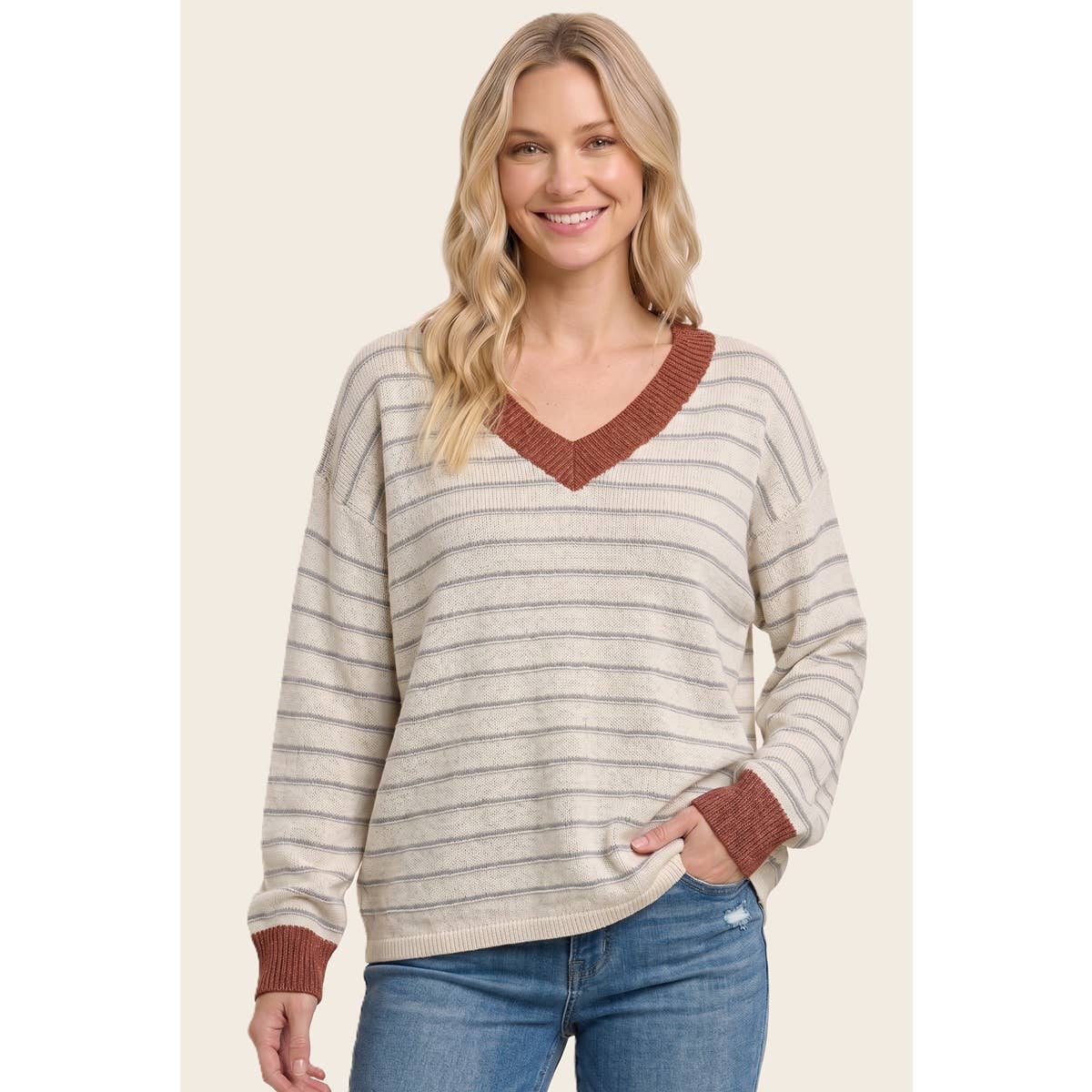 Easy Favorite Stripe Sweater: Ivory/ Rust
