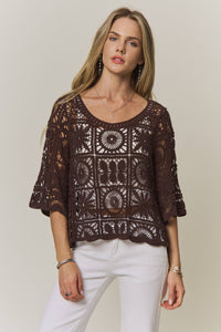 Bristol Crochet Boxy Knit Top: Chocolate Brown