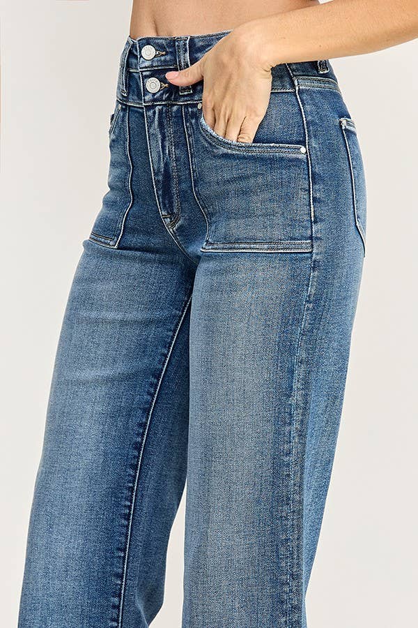 Petra153 "Sutton" Patch Pocket  High Rise Slim Wide Leg Jeans: Medium Wash