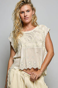 Willow Mae Boho Crochet Sleeveless Top with Embroidered Eyelet Hem: Natural
