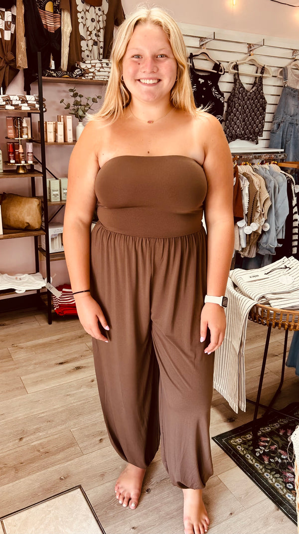 Mocha Strapless Jogger Jumpsuit