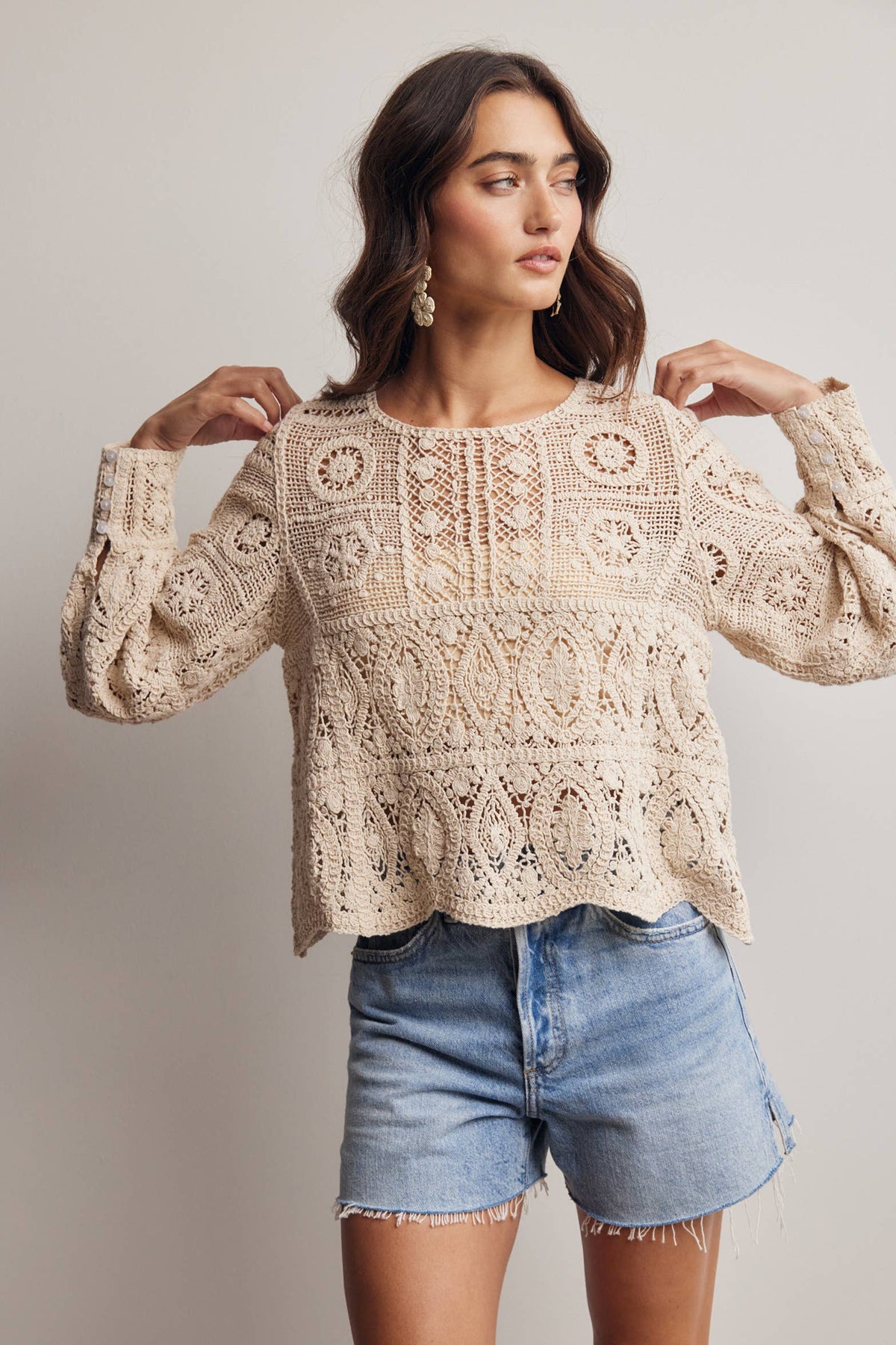 The Meadow Crochet Lace Long Sleeve Top: Ecru